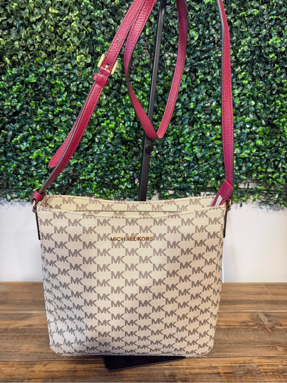 Michael Kors Beige Logo Crossbody with Pink Strap NWT